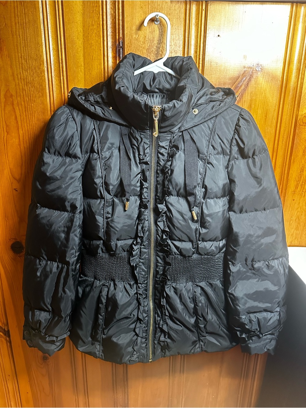 Juicy Couture Black Quilted Puff Jacket with Ruffle Trim